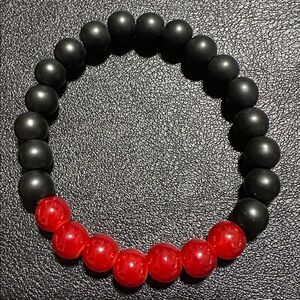 Matte Black & Polished Red Glass Bead Stretch Bracelet